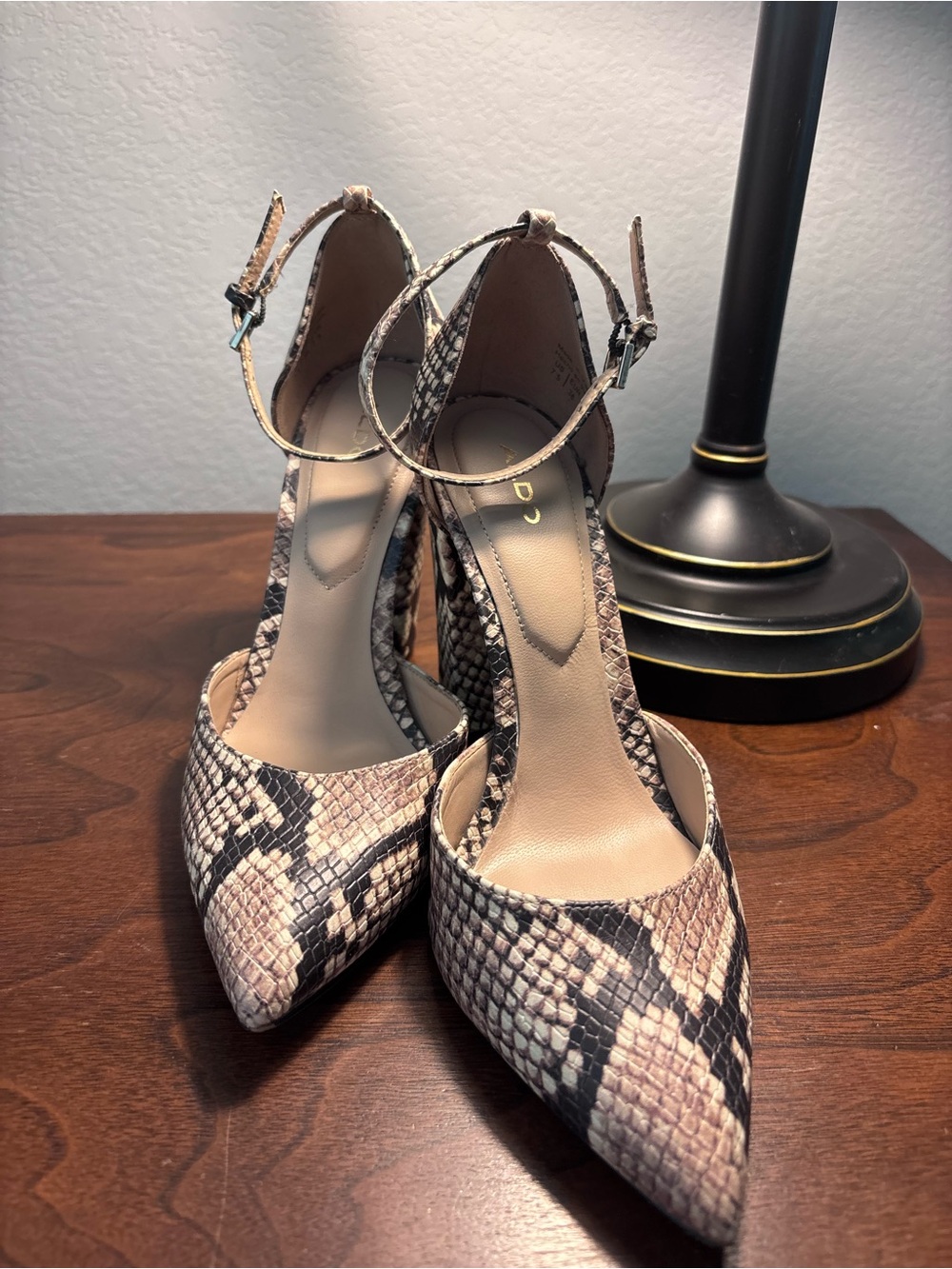 Aldo Beige and Black Snake-Print Pointed Ankle-Strap Heels